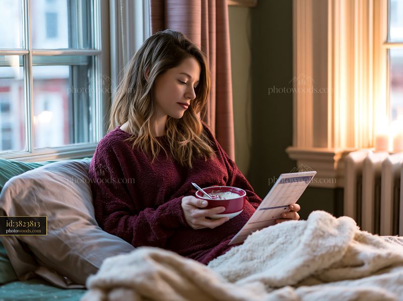 Pregnant woman reading while sitting in bed with a bowl of cereal