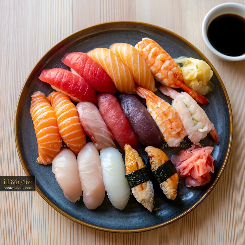 Premium sushi selection on a dark plate with dipping sauce