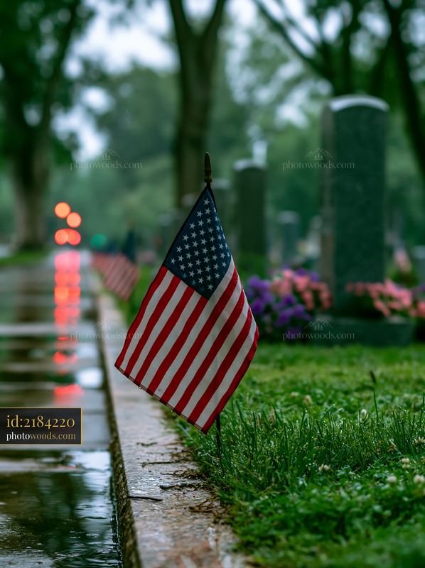 Quiet remembrance scene at a veterans cemetery with flags