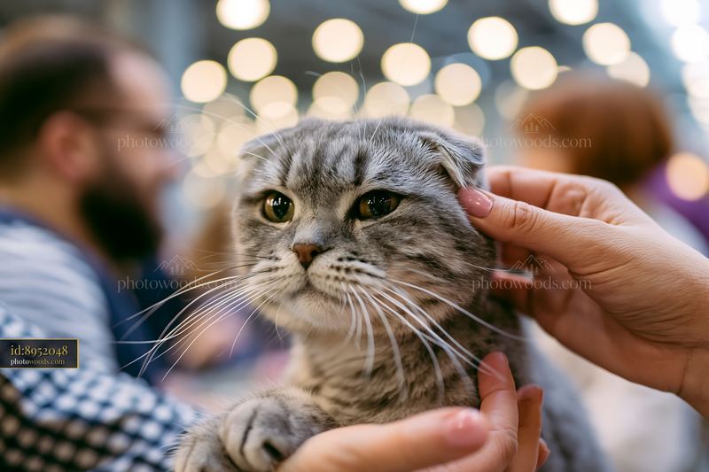 Rare cat breed at a cat show with a participant interacting