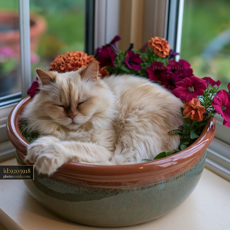 Rare cat breed resting in a flower pot by the window