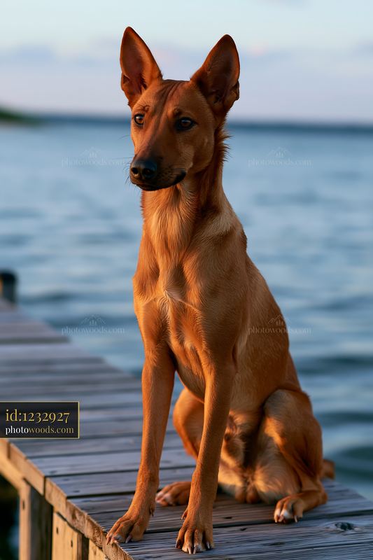 Rare dog breed sitting on wooden dock near seaside