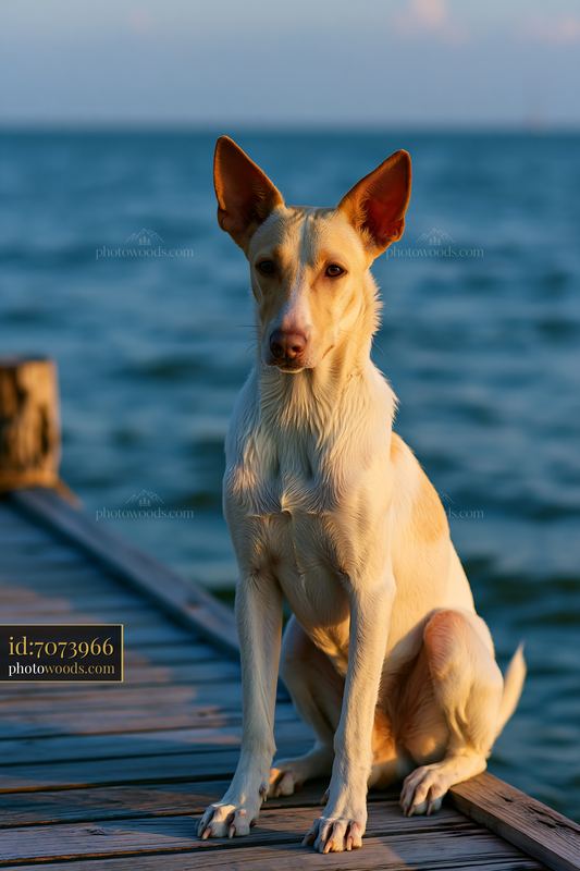 Rare dog breed near seaside on wooden pier during sunset