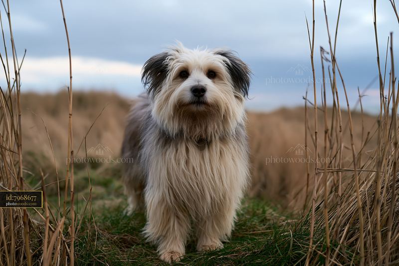 Rare dog breed near seaside standing in tall grass