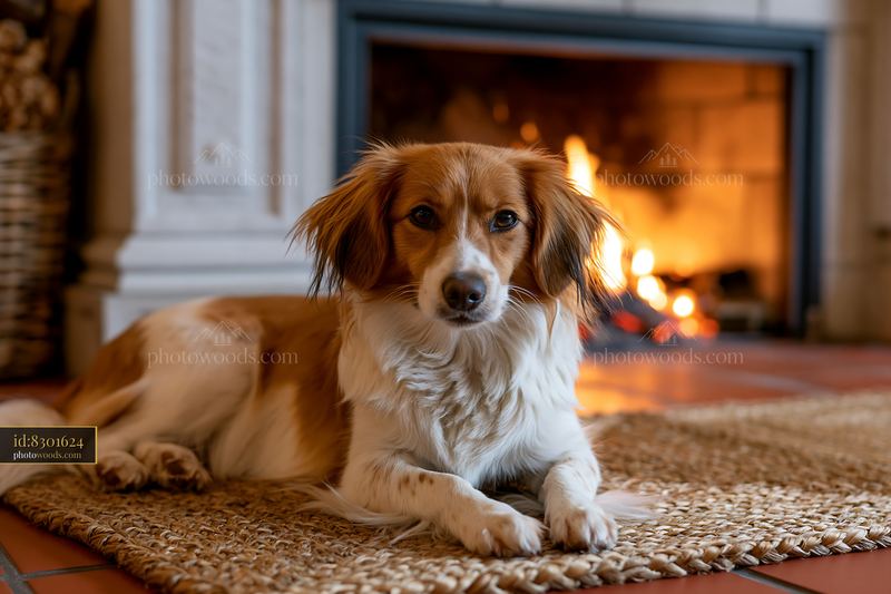 Rare dog breed relaxing by fireplace in cozy living room