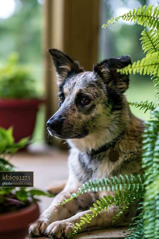 Rare dog breed with spotted coat resting among ferns