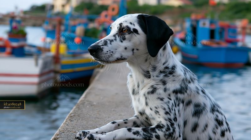 Rare dog breed with a spotted coat by the water with boats