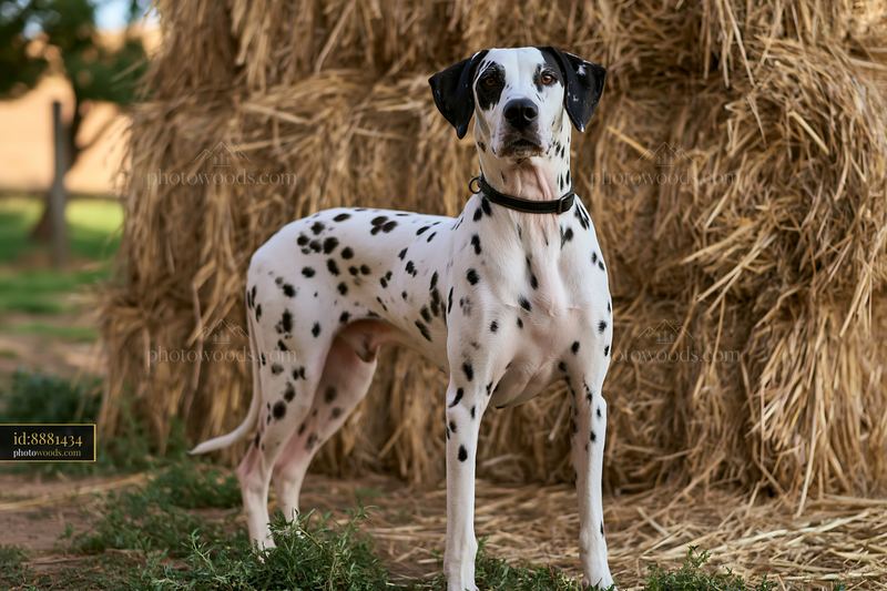Rare dog breed with spotted coat near hay bales