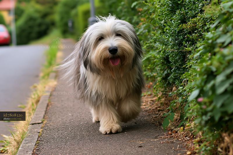 Rare dog breed with unusual coat texture walking along a path