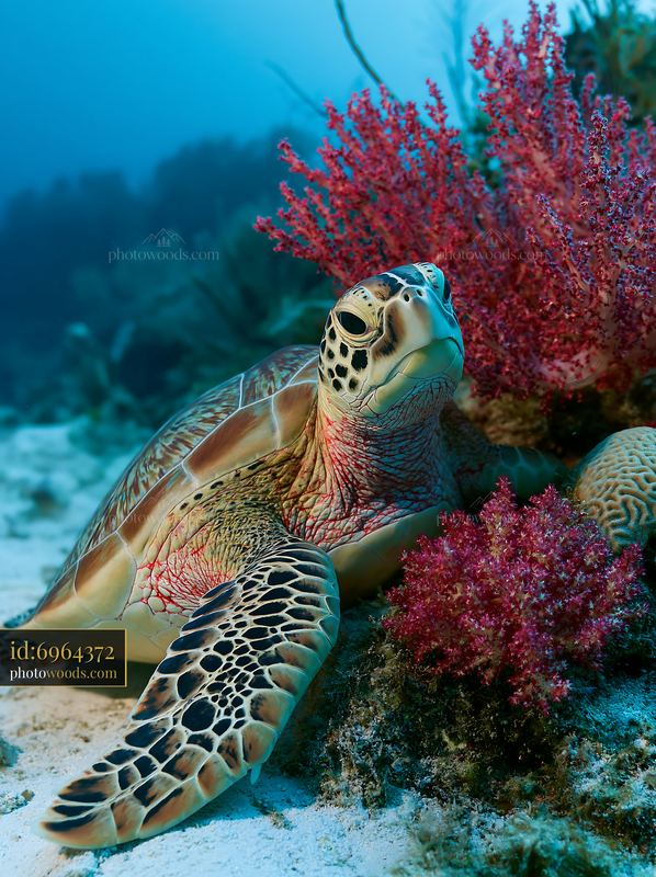 Rare sea turtle swimming near coral reef in clear water