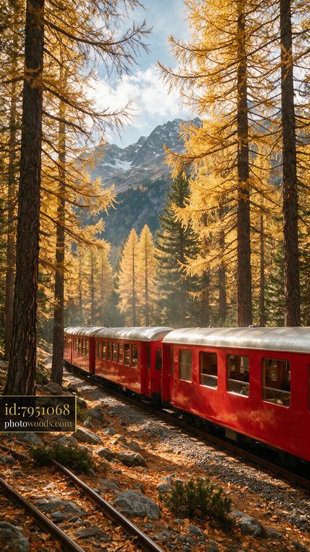 Swiss railway traveling through the autumn forest in the Alps