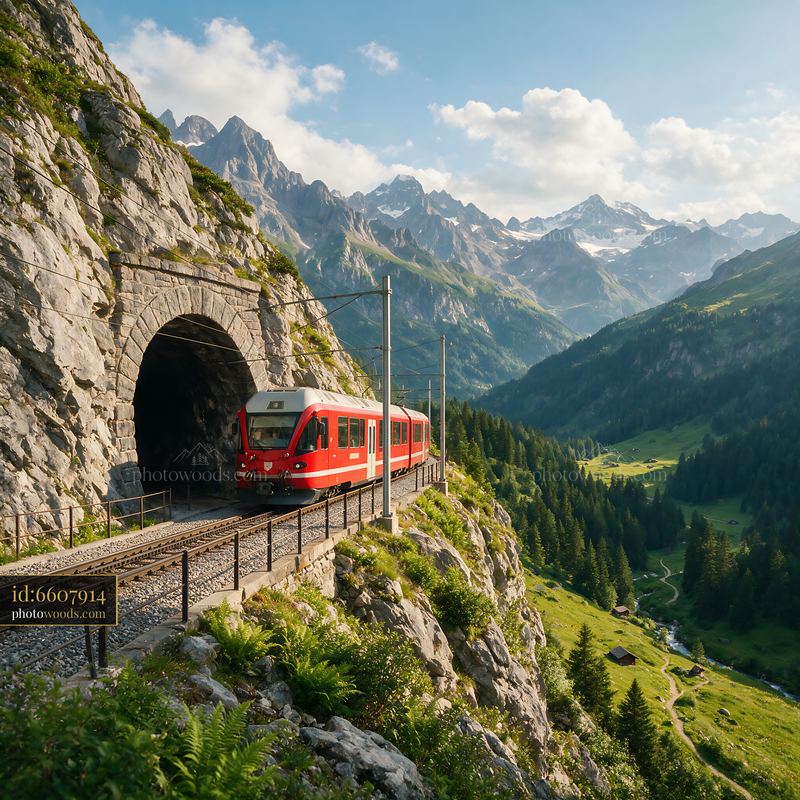 Swiss railway travels through mountains with scenic landscape