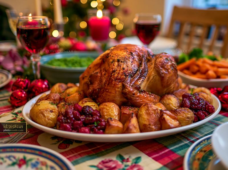Roasted turkey on festive dining table with side dishes