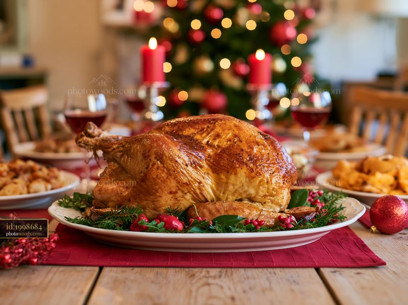Roasted turkey on festive dining table with decorations and candles