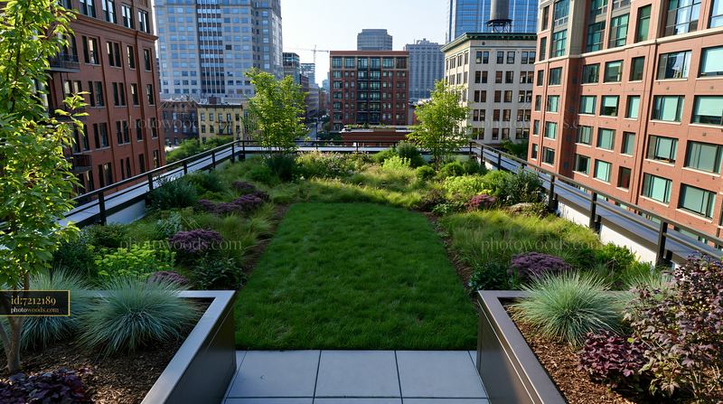 Urban meadow among buildings with green plants and trees