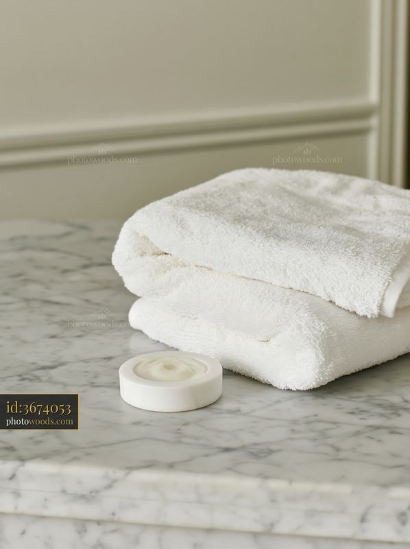 Cream dose on marble countertop with towels