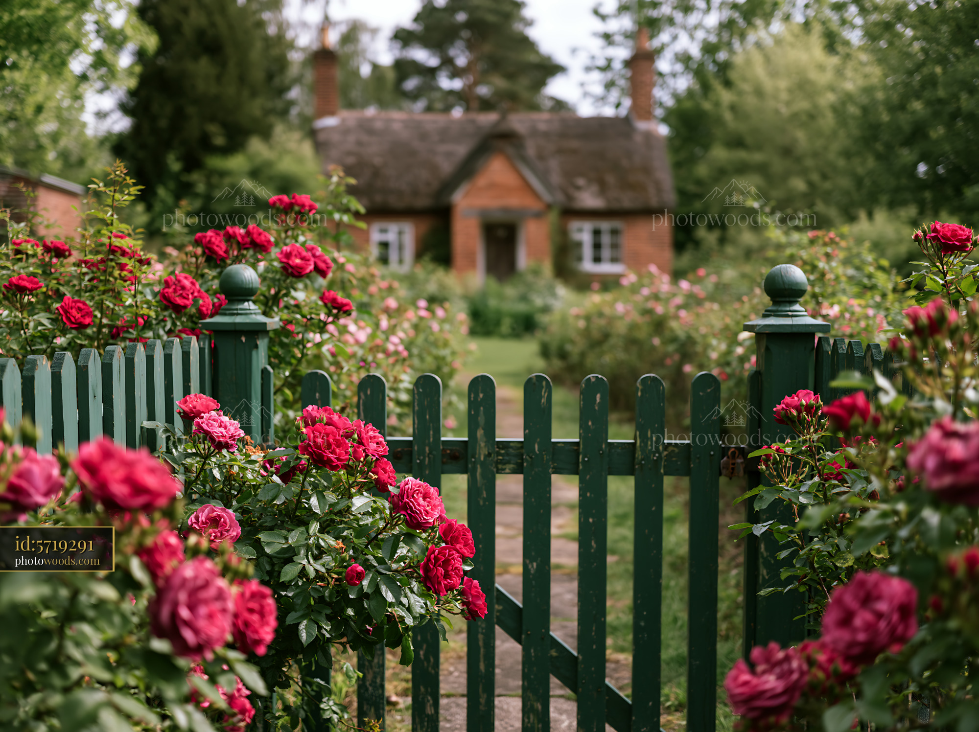 A rural cottage is visible through a wooden gate surrounded by colorful roses.