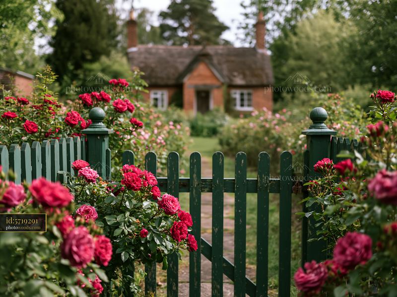 Rural cottage viewed through gate with blooming roses