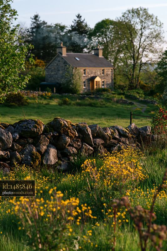 Rural cottage with chimney smoke near stone wall and flowers