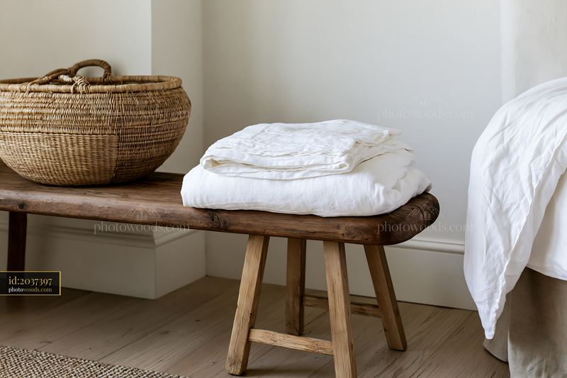 Rustic bedroom with linen bedding and wooden furnishings