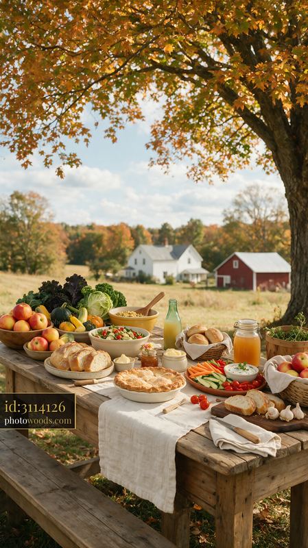 Rustic farmhouse buffet with seasonal produce and baked goods