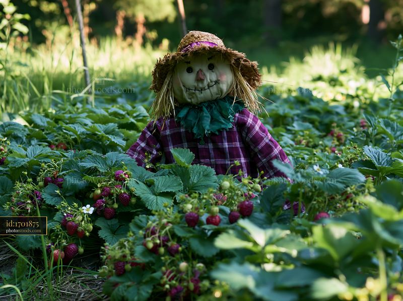 Scarecrow watching over fresh strawberries in a spring garden