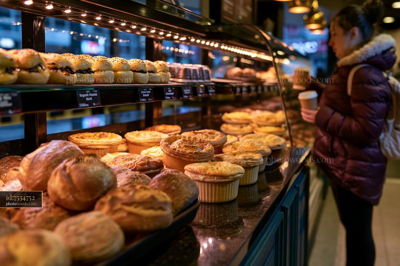 Seasonal bakery display with pastries and breads in a shop setting