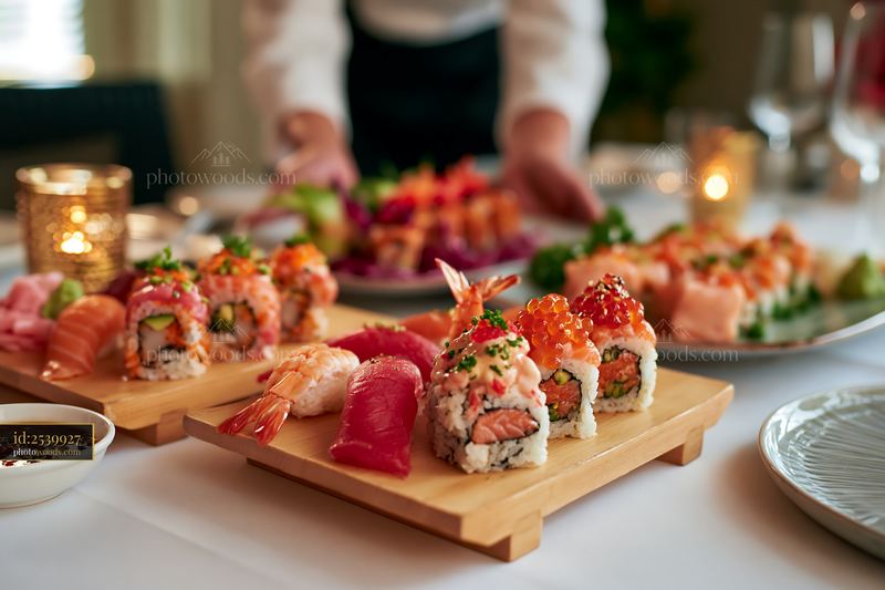 Sushi assortment on wooden platter at restaurant table