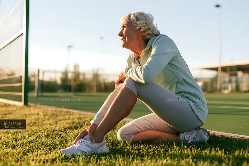Senior woman stretching on tennis court during evening light