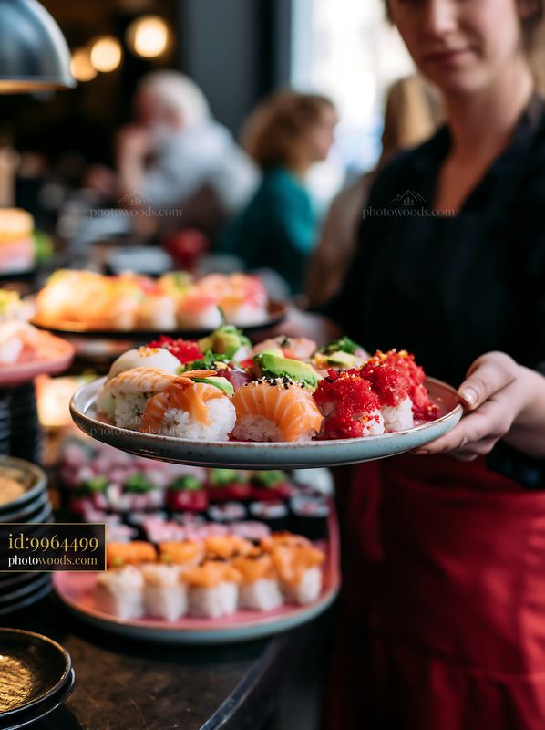 Sushi buffet close-up with a server holding a plate of sushi