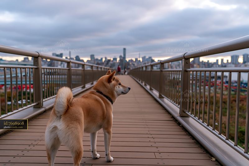 Shiba Inu looking at a city skyline from a pedestrian bridge