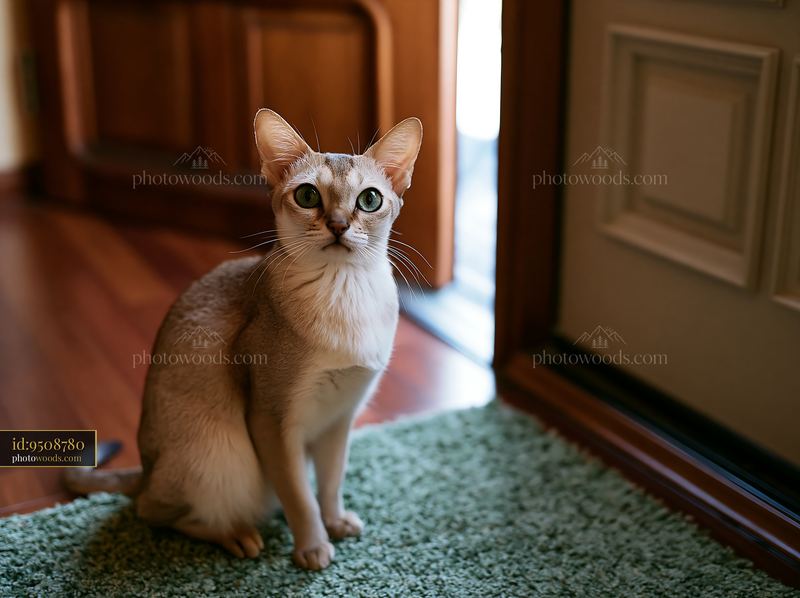 Singapura cat portrait sitting near an open door