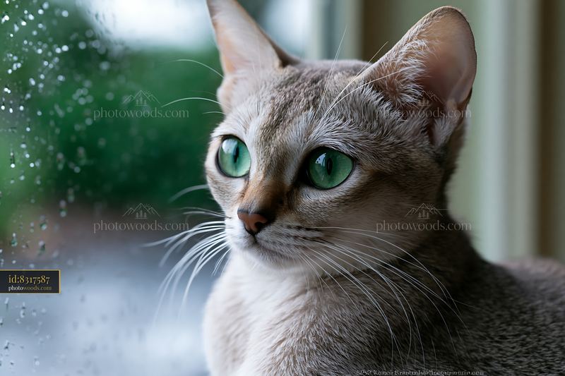 Singapura cat portrait with green eyes looking out a rainy window