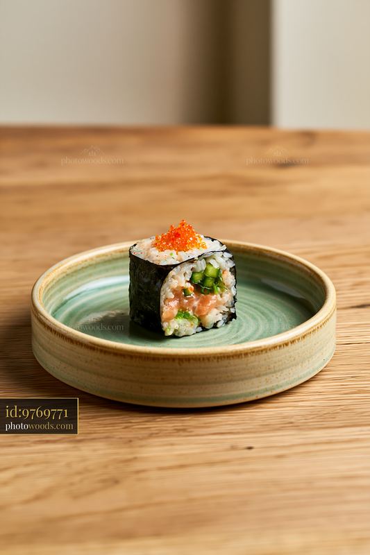 Single sushi roll on ceramic plate with wooden background