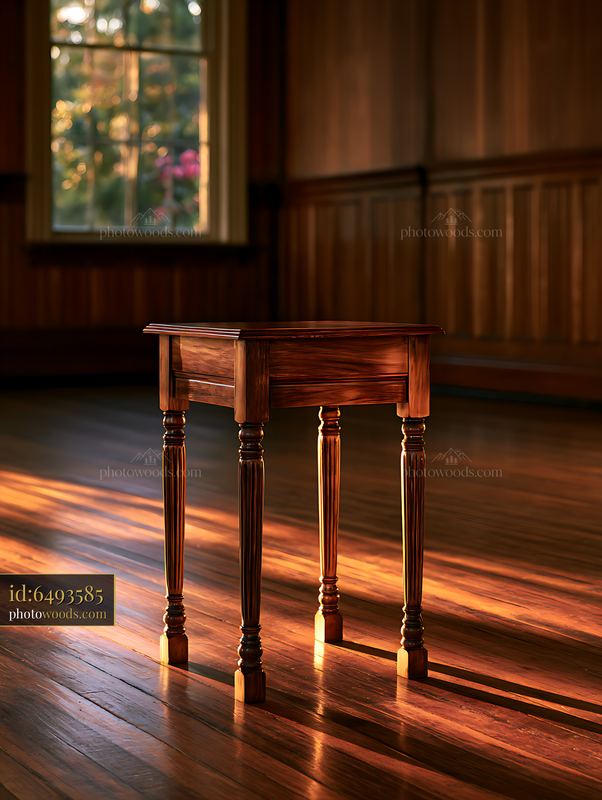 Wooden table stands alone in a sunlit room with wooden walls