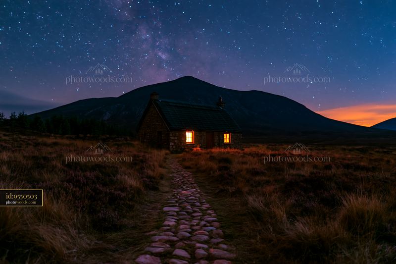 Cottage under stars with a stone path in a dark landscape