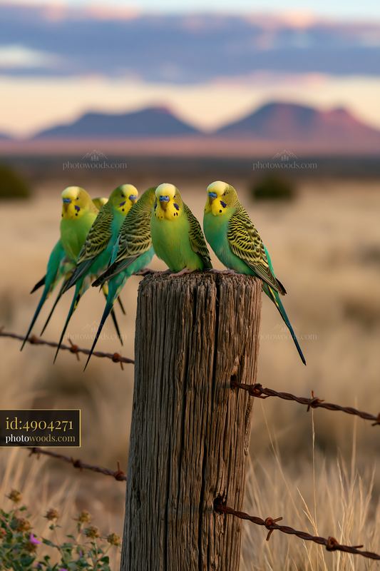 Budgerigar flock resting on a wooden post in a desert landscape