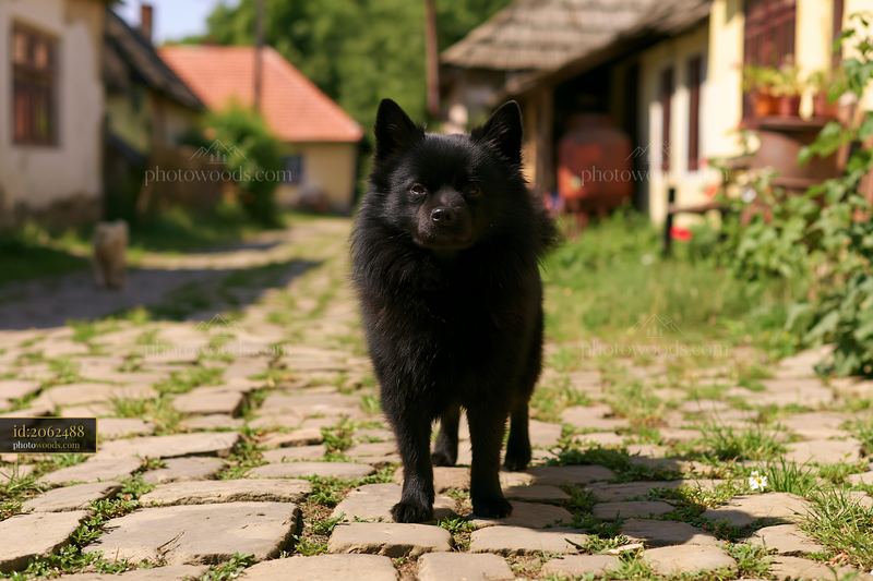 Rare dog breed walks along a stone road in a rural area