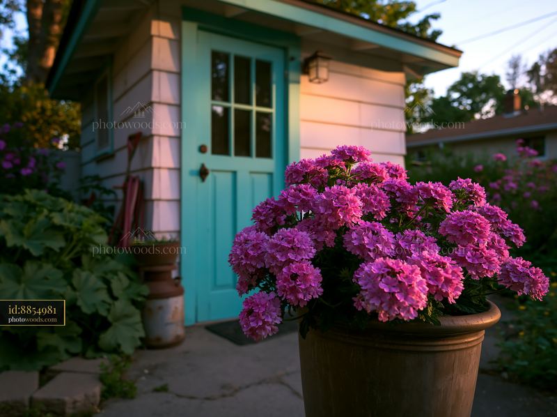 Coastline with oyster beds near a small shed surrounded by flowers