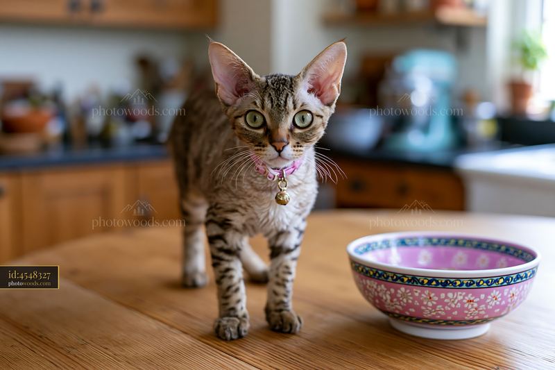 Cat exploring a kitchen with a decorative bowl on a wooden table