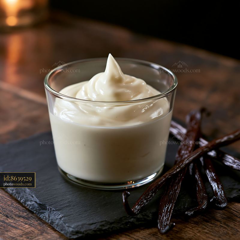 Cream dose placed on a slate surface with vanilla pods nearby
