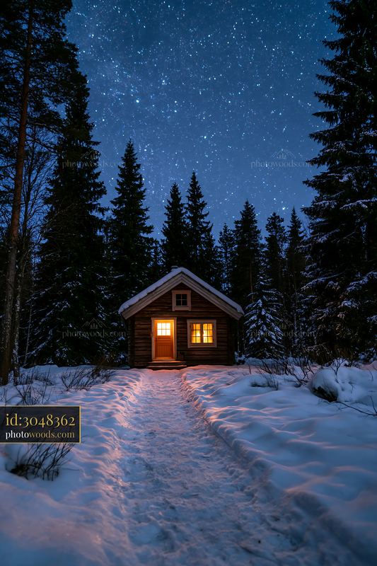 Snow-covered cabin under stars surrounded by tall trees