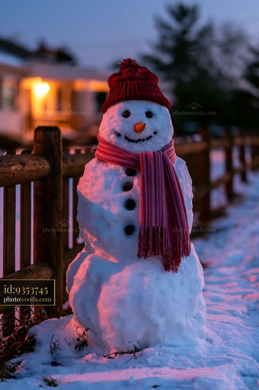 Snowman beside a wooden fence at dusk