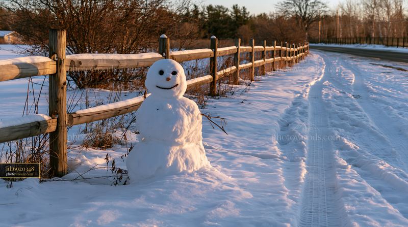 Snowman beside a wooden fence along a snowy path