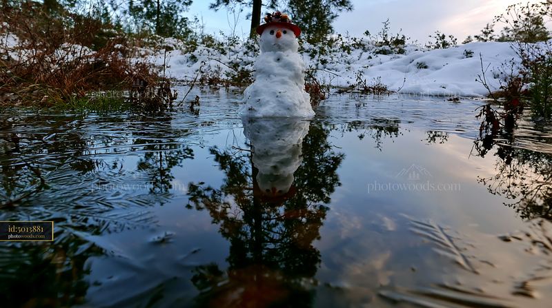 Snowman reflected in a frozen pond surrounded by snow and trees