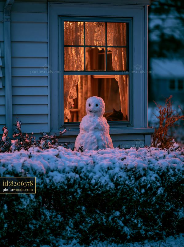 Snowman outside a cottage window in winter scene