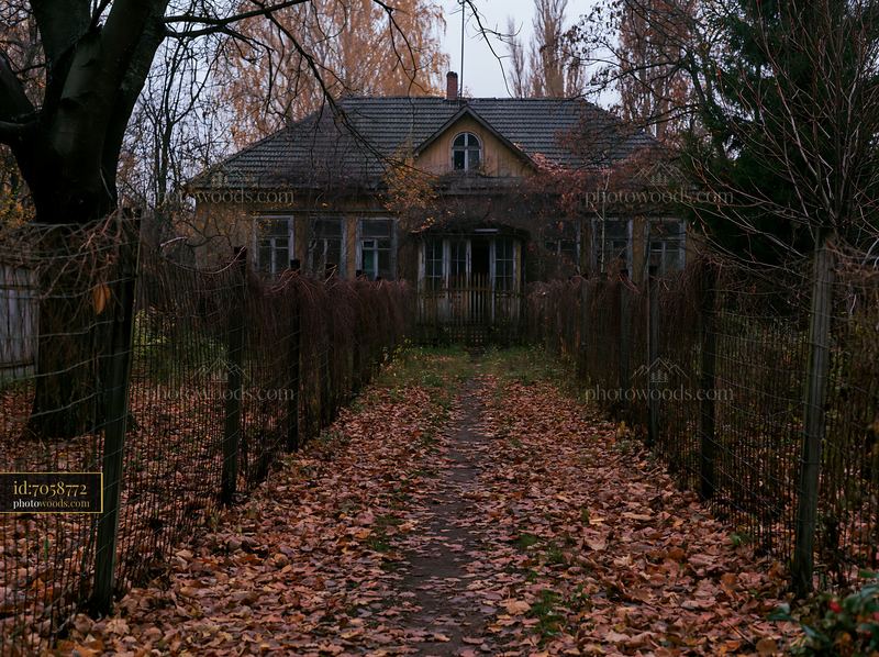 Abandoned Soviet building with a path and autumn leaves