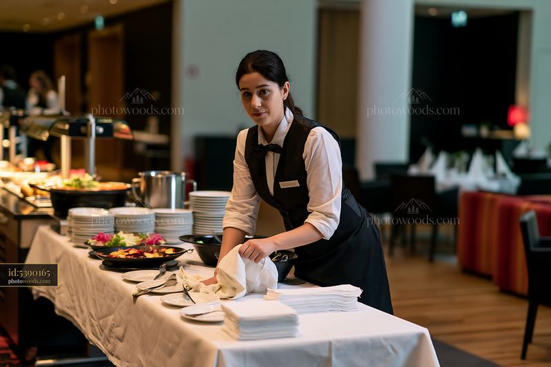 Buffet setup at business conference with staff member