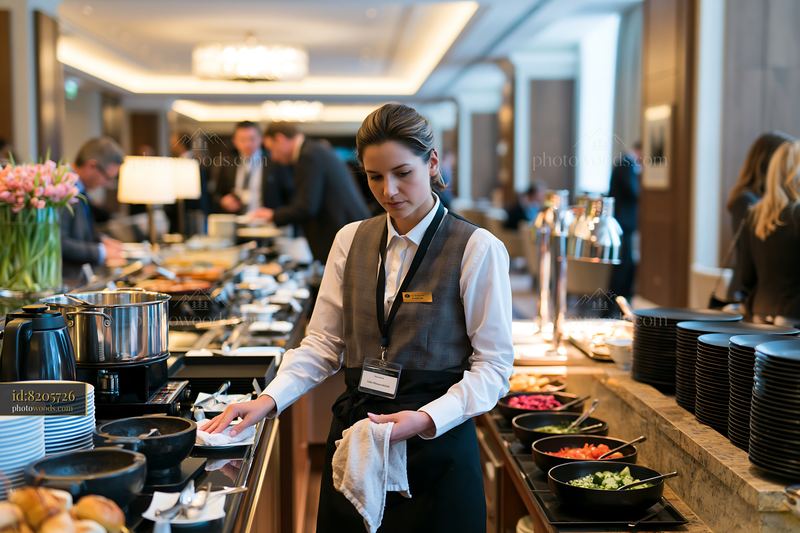 Business conference buffet setup with staff serving food
