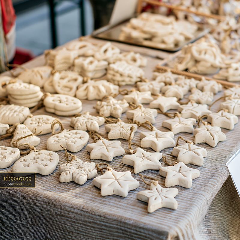 Christmas market stall with handmade ornaments on display